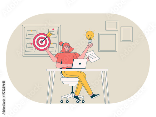 A businesswoman who efficiently handles various work tasks at her desk, embodying the concepts of multitasking, time management, and high productivity. Workaholic illustrations. Flat vector concepts.