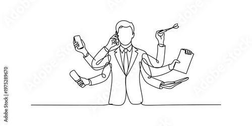 Continuous line drawing of a busy businessman multitasking with many hands and office equipment. Vector, illustration
