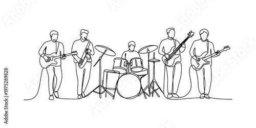 A continuous line drawing of a musical band playing various instruments on a plain white background Vector, illustration