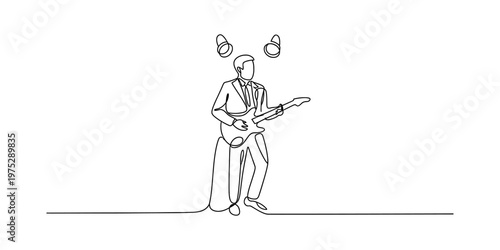 A continuous line drawing of a man in a suit playing an electric guitar under two bright spotlights Vector, illustration