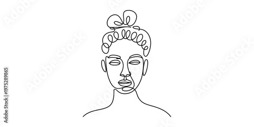 Minimalist continuous line drawing of a woman with a stylized bun hairstyle on a white background Vector, illustration