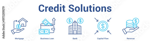 Credit Solutions web banner icon set vector illustration concept for business with icon of Mortgage, Business Loan, Bank, Capi.