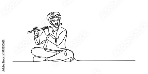 Continuous line drawing of a traditional indian man sitting and playing the bamboo flute music Vector, illustration