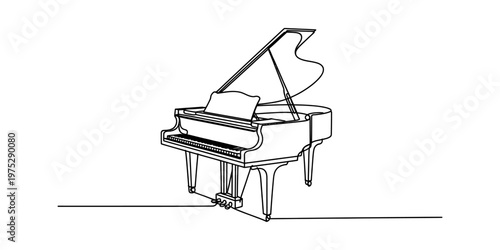 A single continuous line drawing of a grand piano isolated on a plain white background surface. Vector, illustration