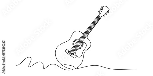 Minimalist continuous single line drawing of a classic acoustic guitar on a plain white background Vector, illustration