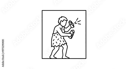 Caveman spraying aerosol can, primitive man with modern tool, funny contrast