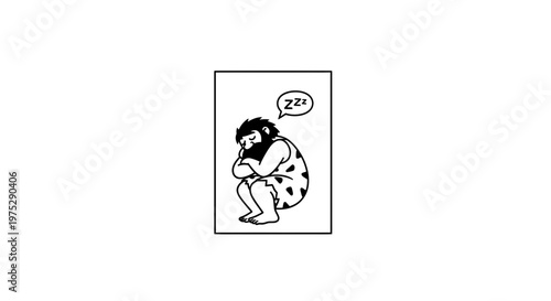 Caveman sleeping, prehistoric man resting, ancient human with Zzz bubble, primitive lifestyle