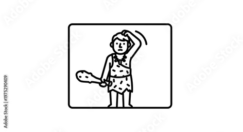 Caveman scratching head with club, confused primitive man, ancient human history, simple illustration