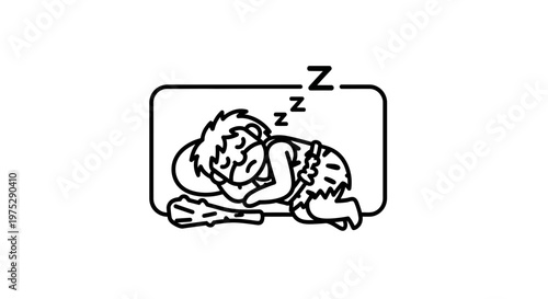 Caveman sleeping soundly with club, prehistoric man resting, cartoon illustration