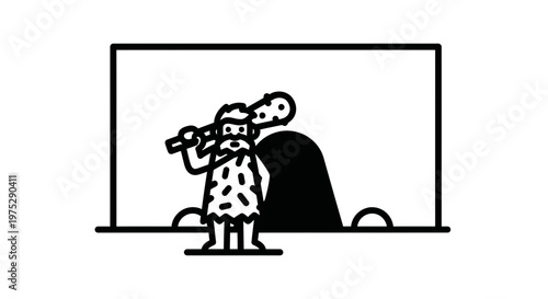 Caveman with club in front of cave, prehistoric man, primitive lifestyle, history concept