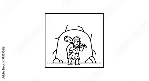 Caveman with Club Outside Cave Entrance, Prehistoric Man Illustration