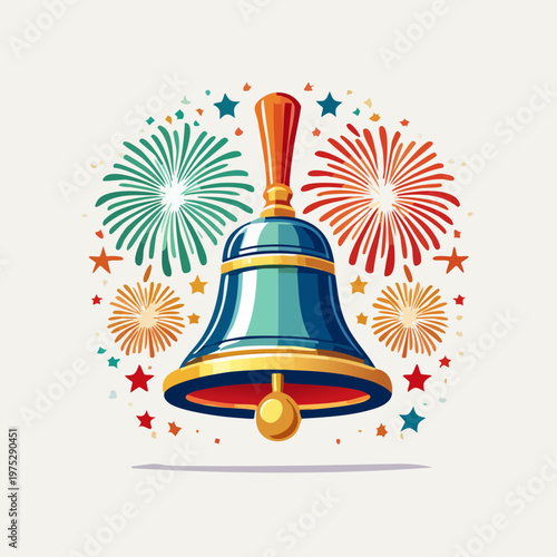 Colorful illustration of a festive bell surrounded by fireworks and stars, symbolizing celebration and joy.