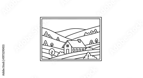 Charming Countryside House Surrounded by Rolling Hills and Trees, Rural Landscape Illustration