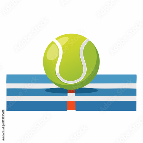 Vibrant green tennis ball resting on a blue court line with a net illustration on a white background.
