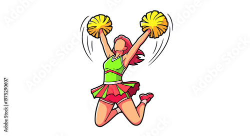 Energetic Cheerleader Jumping with Pom-Poms, Celebrating Victory