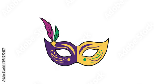 Mardi Gras Mask with Feathers, Purple and Gold, Isolated on White