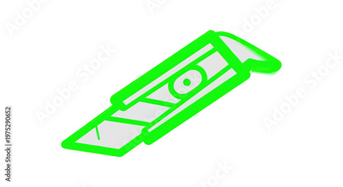 Neon Green Utility Knife Icon, Craft Cutter Tool, Isolated on White Background