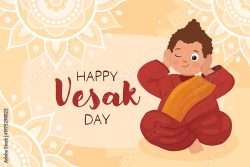 Happy Vesak day, card for buddhist holiday. Cute character, little boy Buddhist monk in red clothes and a garland of Buddhist flags. Smiling Buddha covers his ears with his hands.