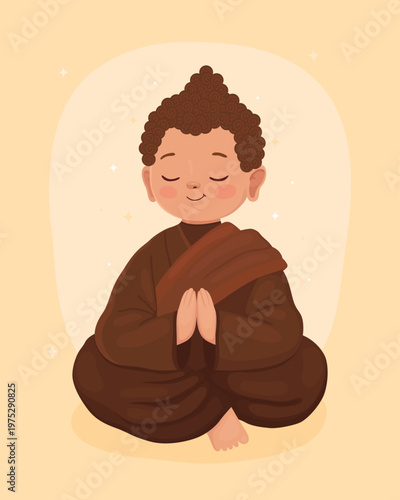 Cute character, little boy Buddhist monk or Buddha in brown clothes. Buddha in a pose of prayer. Happy Vesak day.