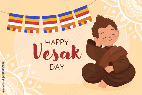 Happy Vesak day, card for buddhist holiday. Cute character, little boy Buddhist monk in brown clothes and a garland of Buddhist flags. Thoughtful smiling monk.