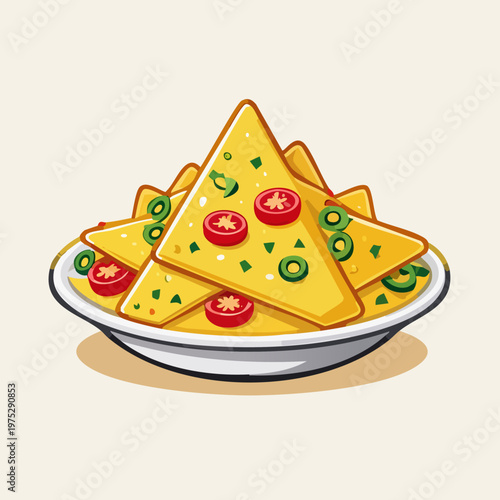 A colorful illustration of a plate of delicious nachos topped with sliced tomatoes and green jalape?os.