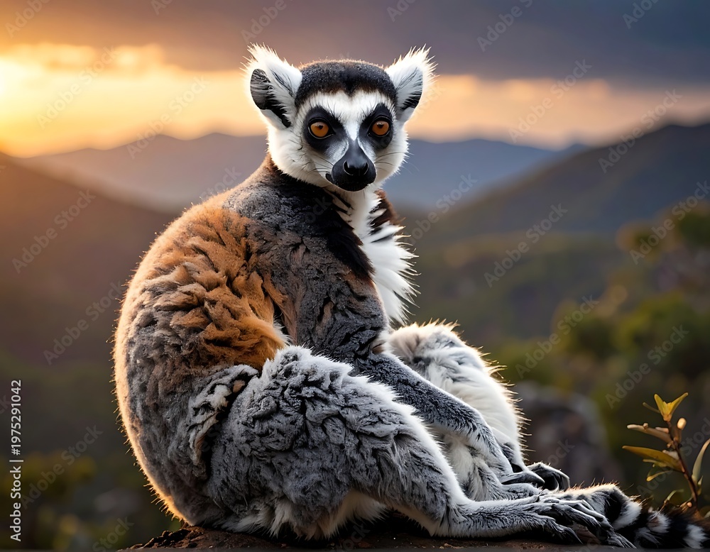 Naklejka premium A ring-tailed lemur sits atop a rocky outcropping, bathed in the warm light of a sunset over mountainous terrain. The animal looks directly at the viewer