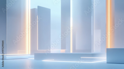 Abstract minimalist product display platform with glowing light lines in a serene blue environment for luxury presentation and commercial exhibition