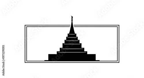 Black Silhouette of a Tiered Pagoda Temple Structure within a Rectangle Frame