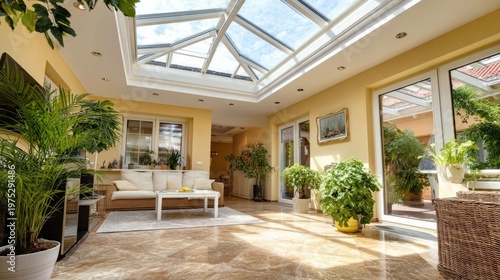 Bright and Spacious Living Room Featuring a Stunning Glass Skylight Roof
