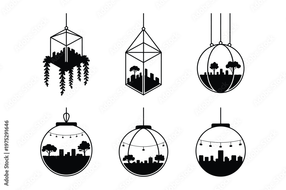 Naklejka premium Terrarium cityscapes with hanging plants and abstract geometric shapes, abstract