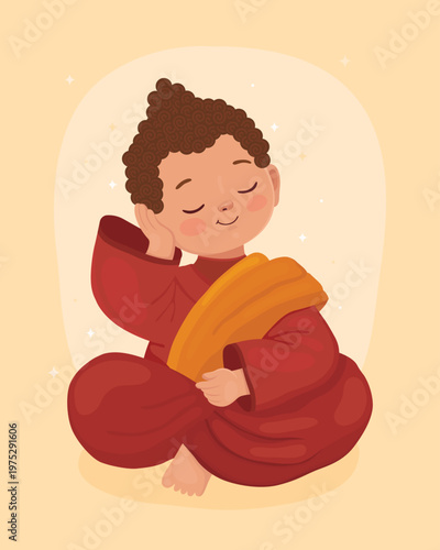 Cute character, little boy Buddhist monk in red clothes. Thoughtful smiling Buddha. Happy Vesak day.	
