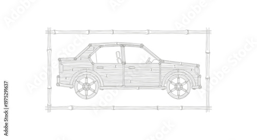 Bamboo Car Outline Drawing, Eco-Friendly Transport Concept, Sustainable Vehicle Design