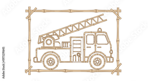 Bamboo Fire Truck Illustration Framed by Bamboo Poles, Kids Art Style