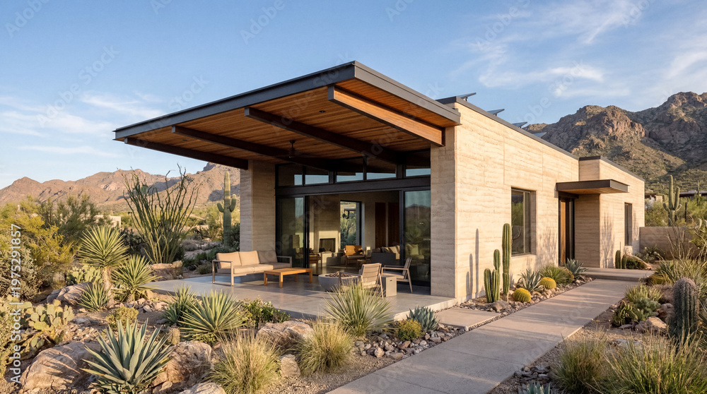 Fototapeta premium Modern earth house with cantilevered roof desert