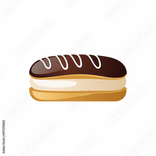Delicious chocolate eclair with cream filling and white icing drizzle on a clean white background.