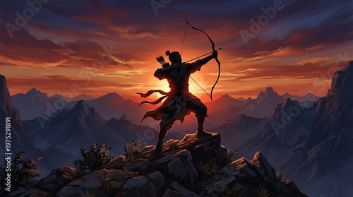 A lone warrior stands silhouetted atop a rugged mountain peak, framed by the fiery brilliance of a setting sun. The sky glows in radiant shades of orange and gold.