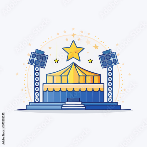 Colorful circus tent illustration with spotlights and stars on a stage, representing entertainment and showtime.