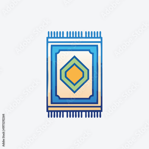 Stylized prayer rug with a vibrant geometric pattern on a clean white background