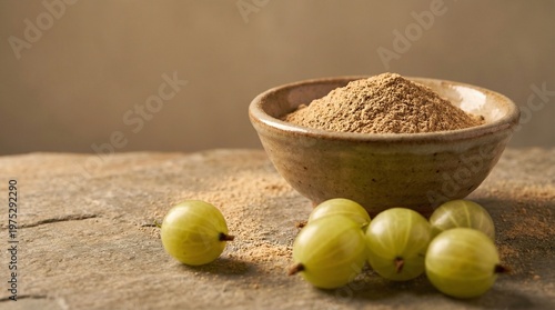 Amla Powder in Ceramic Bowl with Fresh Indian Gooseberries on Rustic Surface, Organic Ayurvedic Superfood for Skin Care, Hair Care and Immunity Boosting Wellness Concept