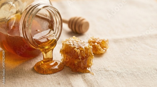 Golden Honey Pouring from Glass Jar with Honeycomb on Linen Fabric, Natural Organic Sweetener, Healthy Food, Beekeeping Product and Rustic Wellness Concept
