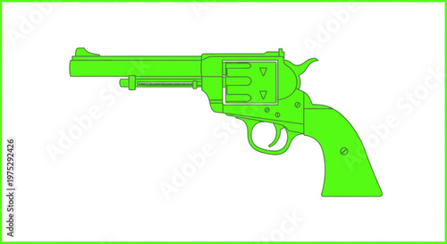 Green Neon Outline of a Vintage Revolver Gun on White Background