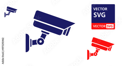 Security Camera Icons: Blue and Red CCTV Surveillance Symbols on White Background