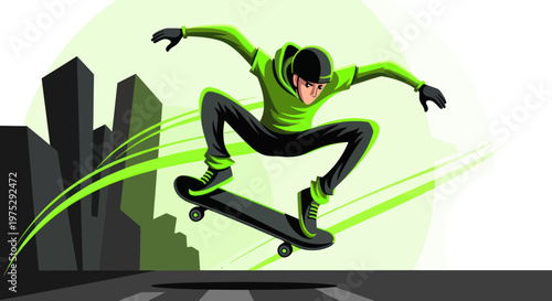 Skateboarder Performing Trick Mid-Air with Cityscape Background