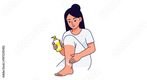 Woman applying lotion to her leg with white background