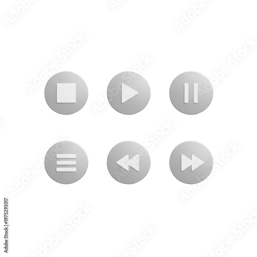 Free Download Set of six 3d media control icons with white symbols on matte circular frames arranged in a grid on a transparent background, modern digital interface design - GFXLoad