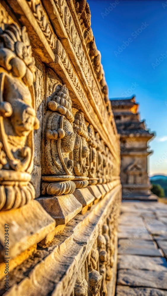 Obraz premium A photo of a colossal ancient stone wall with intricate carvings and weathered textures, standing tall against a clear blue sky