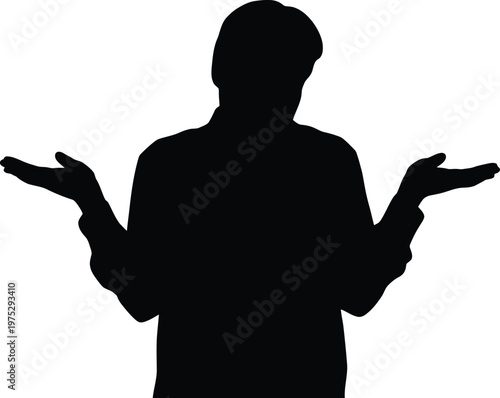 Male silhouette vector image, shrugging person with raised hands expressing uncertainty.