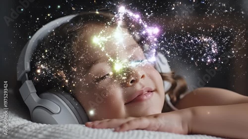 Young child sleeping with headphones under magical sparkles.