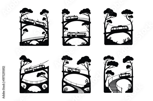 Six silhouettes of trains on bridges and elevated tracks with silhouette