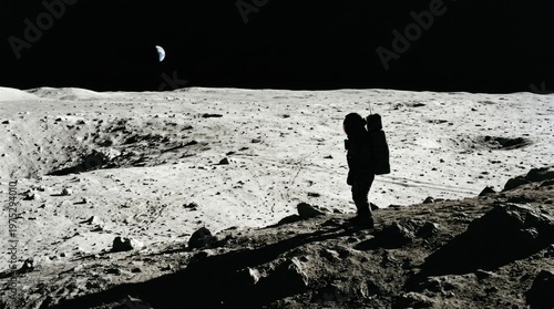 Astronaut standing on the lunar surface looking at Earth, historical space exploration mission, conceptual imagery for science, technology, and human achievement themes
